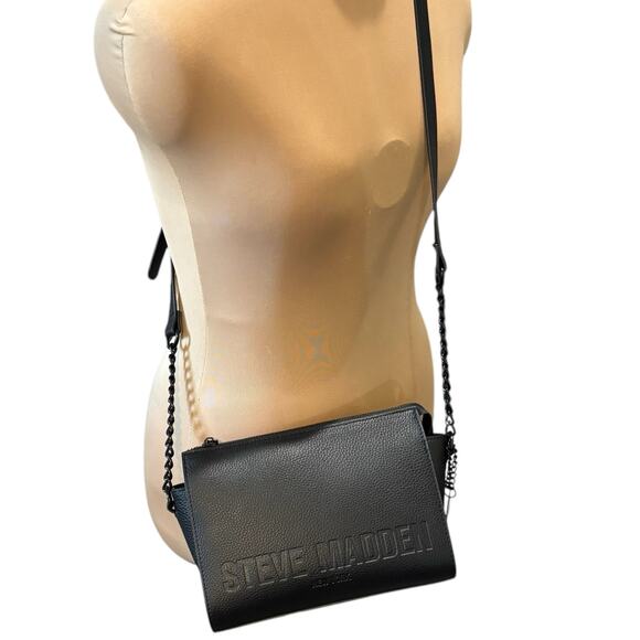 Steve Madden Pebbled Faux Leather Crossbody Bag Purse Black Chain Shoulder Strap - Picture 1 of 7